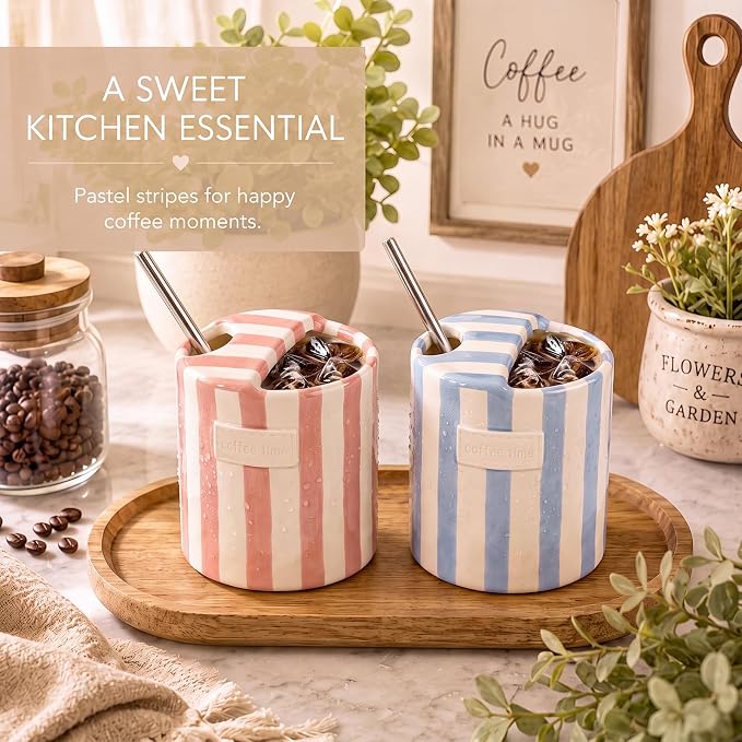 2 Pack Ceramic Mug with Sip Hole, Simple, Light Blue, Pink | 10oz Ceramic Coffee Cup with Straws, Retro Hand Painted Striped, for Iced Coffee Tea Latte Espresso, Kitchen Dining Travel