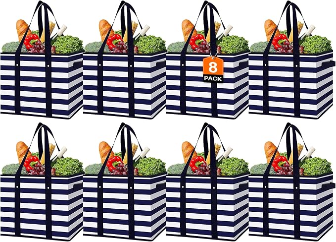 Reusable Grocery Bags 8 Pack, Foldable & Water Resistant Shopping Bags | Large Grocery Tote Bag Water Resistant Shopping Bags Foldable Grocery Bag for Clothes,Shoes and Picnic