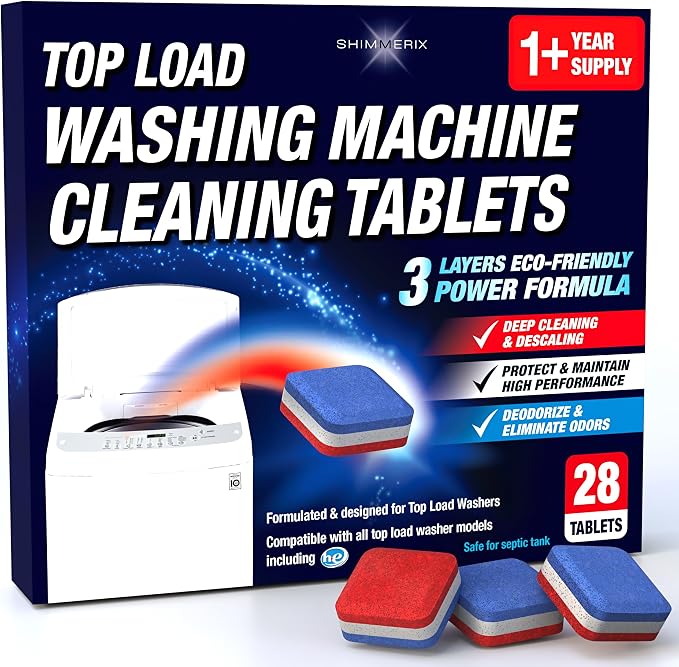 Washing Machine Cleaner Tablets, 28 Pack for HE Top Load, Eco-Friendly Tabs | Washer Machine Cleaning Tablets, 3 Layers, Septic Safe, Wash Machine Full Deodorizer, Descaler, Protector, 1 Plus Year Supply