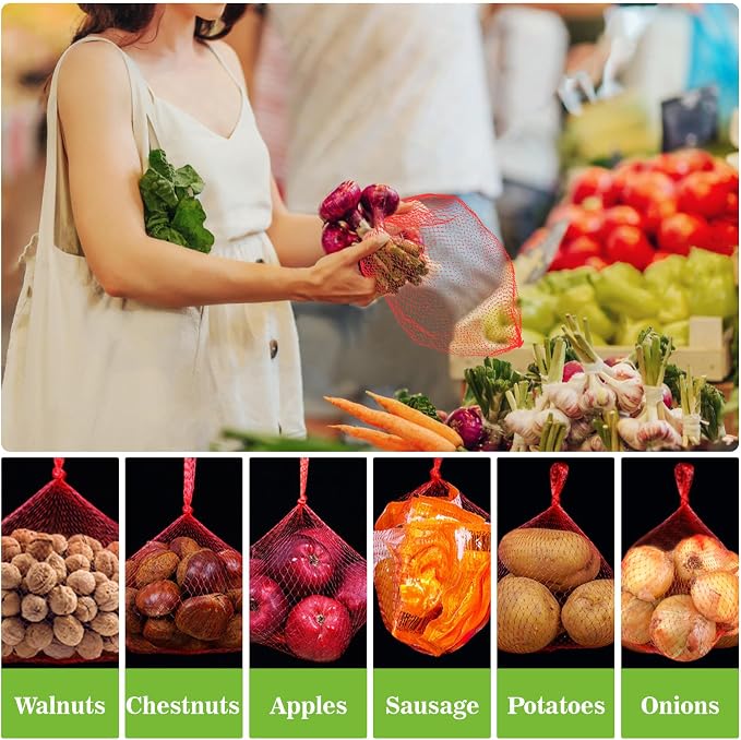 Sukh 90PCS Mesh Produce Bags - 24Inch Vegetable Storage Net Bags Red | Mesh Vegetable Bags for Onion, Fruits, Seafood, and Other Agricultural Products Storage, Garden Harvest Produce Bags