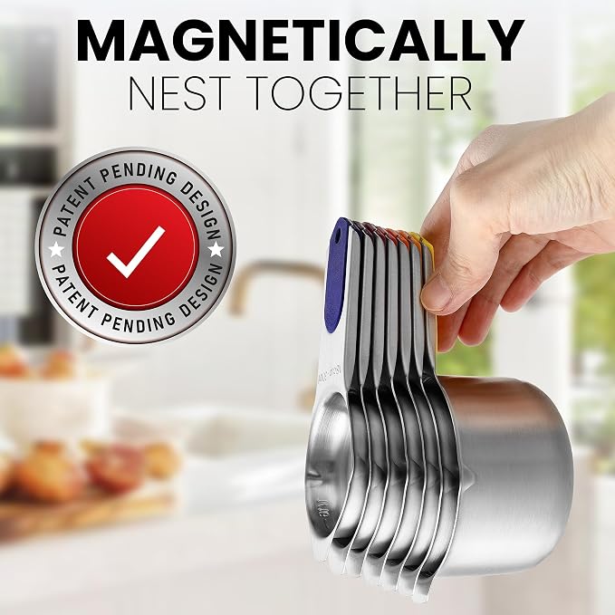 Spring Chef 7 Magnetic Stainless Steel Measuring Cups Set, Mountain Sunrise | Patented Metal Measuring Cups for Measuring Dry or Liquid Ingredients, Easy to Read Markings, Dishwasher Safe Magnetic Cups