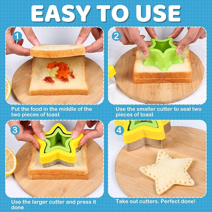 8 pcs Sandwich Cutters for Kids Lunch, Breakfast Crustless Sandwich Maker | Sandwich Cutter and Sealer Star Cookie Cutter Bread Decruster Lunch Box Accessories for Kids Children Adult
