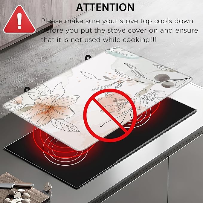 Floral Leaves Line Art Stove Top Cover for Electric Stove,Extra Thick Natural Rubber Glass Top Protector,Prevents Scratching,Expands Usable Space 28x 20