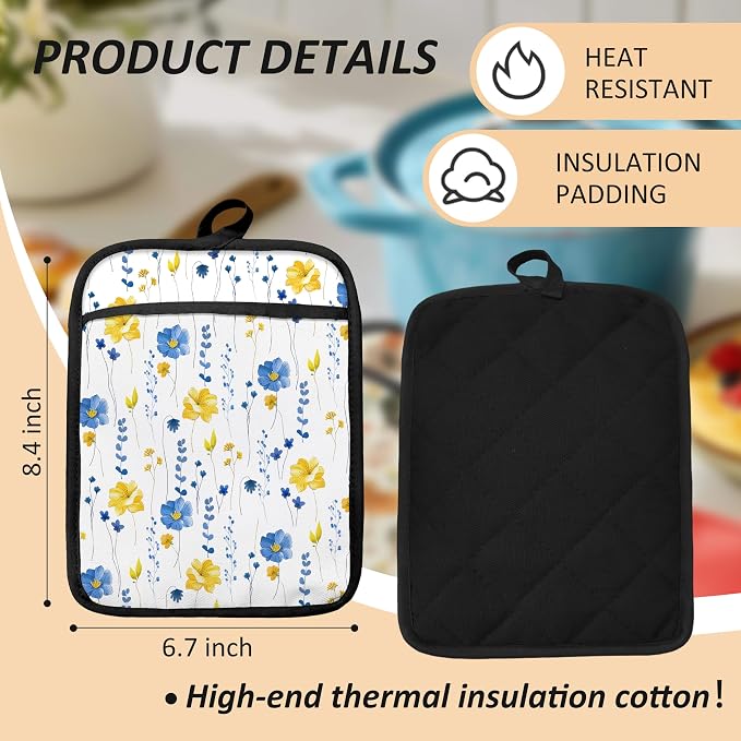 Blue and Yellow Floral Oven Mitts Set, Blue Flower Floral Heat Resistant Kitchen Oven Gloves for Baking and Cooking,Pot Holders