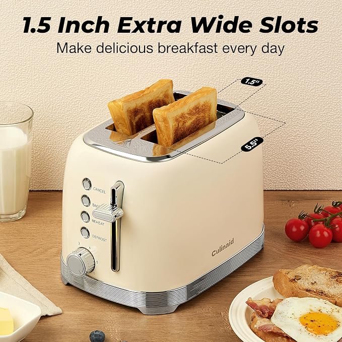Toaster 2 Slice Retro Stainless Steel, Cream White | 1.5” Extra Wide Slots with Bagel, Defrost, Reheat, Cancel Functions, 6 Bread Shade Settings, Removable Crumb Tray