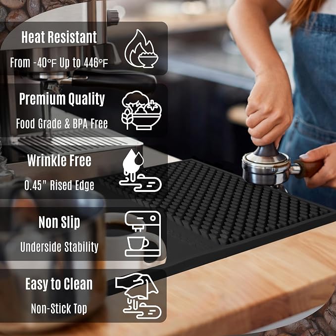 Coffee & Bar Mat For Countertop With "Edge Protection" – Espresso Machine & Coffee Maker Mat – Silicone Heat Resistant Mat – Non-Slip & BPA-Free Food Grade Mat – 16"(Front) x 24"(Length), Black
