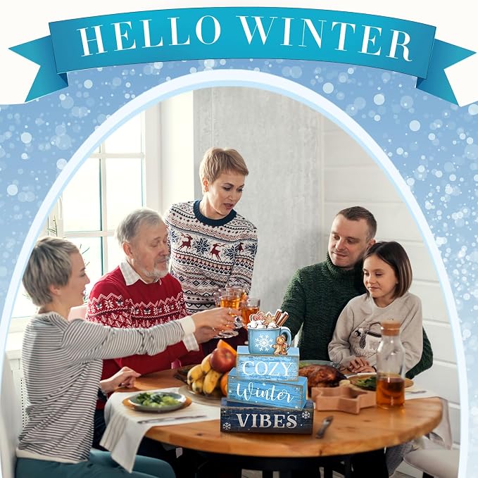 Lineshading 4 Pcs Wooden Farmhouse Tiered Tray Decor Winter Block Signs | Rustic Tabletop Decor, Hot Cocoa Mug Topper, Blue Wooden Signs, Cozy Winter Vibes Theme, Farmhouse Style Home Accents