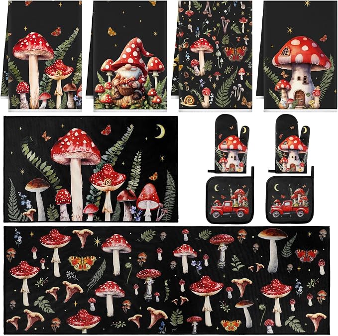 Fourluoo 10 Pcs Kitchen Dish Towels Rugs Oven Mitts and Pot Holders Set Farmhouse Kitchen Decor Set for Women Mom Daughter Gift Cooking Baking Grilling(Dark Colors,Mushroom)