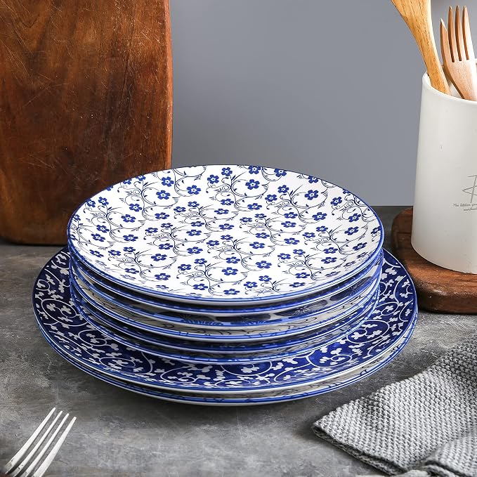 Selamica 8 inch Porcelain Dinner Plates, Large Size Serving Plate for Salad, Pancakes, Steak, Set of 6, Vintage Blue