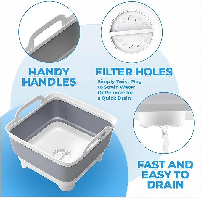 Collapsible Wash Basin with Drain Plug - 2.4 Gallon Foldable Wash Basin for Baby Bottles, Space-Saving Dish Pans for Washing Dishes in Sink, Collapsible Laundry Tub, Portable RV Camping Bin