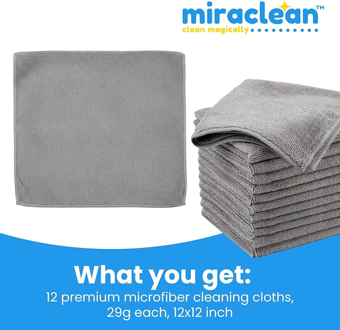 Microfiber Cleaning Cloth Grey 12 Pack Premium Microfiber Towels for Cars, Lint Free, Scratch-Free, Highly Absorbent, Reusable Cleaning Rags for Car, 320 GSM Household, Kitchen, Window, 12" x 12"