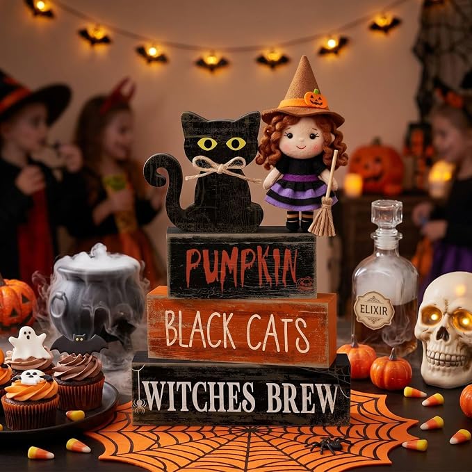 Lineshading 4 Pcs Halloween Black Cat Tiered Tray Decor Wooden Signs | Rustic Farmhouse Tabletop Decoration, Stackable with Halloween Phrases, Seasonal Home Display, Gift-ready Decor Set