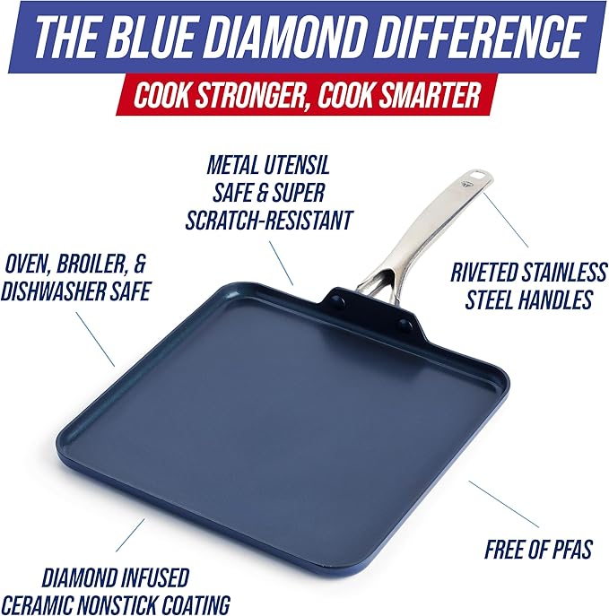 Blue Diamond 11" Diamond Infused Ceramic Nonstick Square Griddle Pan, Blue | PFAS-Free Ceramic Nonstick, Dishwasher & Oven Safe, Stay Cool Handle, Durable Metal Utensil Safe, Pancake Pan