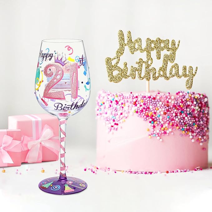 NymphFable 21st Birthday Hand-Painted Wine Glass Gift for Her, 15 oz | Gift-Boxed for Her 21st Birthday, Hand-Blown Goblet, Artisan-Painted Milestone Number Art, Everyday Use, Hand Wash Only
