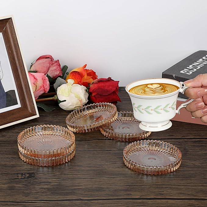 Modern Clear Coasters Set of 5- Glass Cute Coasters for Drinks, Amber | Crystal Coaster Round Chic Cup Mat Cute Coffee Table Coaster for Kitchen, Bar, Dining Room, Living Room, Patio