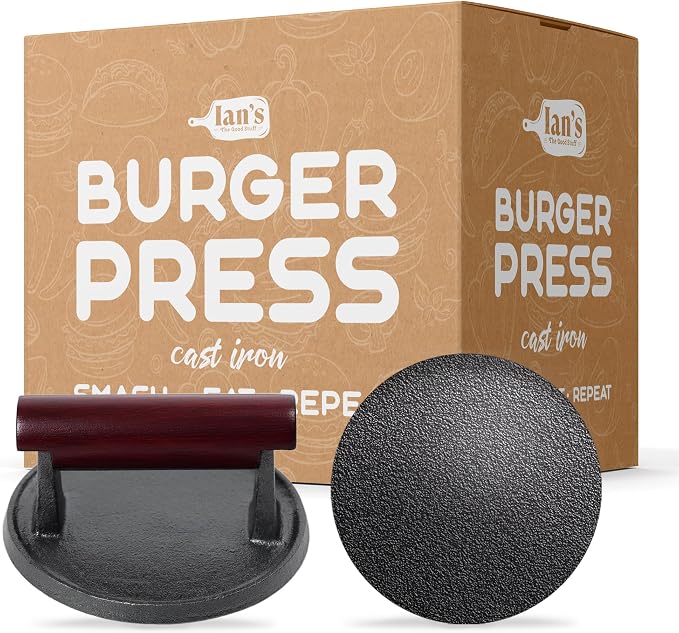 Ian's Smash Burger Press 4 Inch, Cast Iron Hamburger Press Heavy Duty - Burger Smasher, Griddle & Meat - Perfect Size for Sliders!