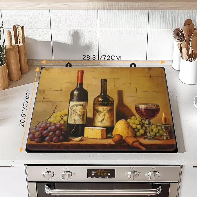 Electric Stove Top Cover Protector – Retro Wine Bottles Glasses and Grapes Glass Flat Top Stove Mat Oven Induction Cooktop Mat for Ceramic Countertop Mats Heat-Resistant Dish Drying Mat