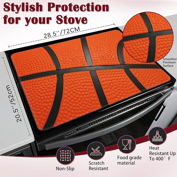 Stove Top Cover for Electric, Basketball Glass Ceramic Stove Cover, Heat Resistant Flat Stovetop Protector, Dish Drying Mats for Kitchen