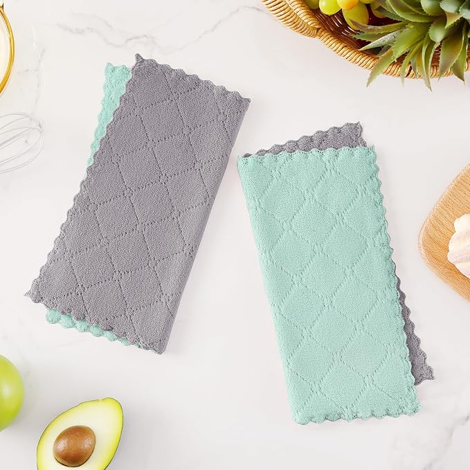 Homaxy 12 Pack Super Soft Dish Cloths, 10" x 10", Grey & Green | Coral Velvet, Nonstick Oil Fast Drying Microfiber Cleaning Cloth, No Lint Household Dishcloths