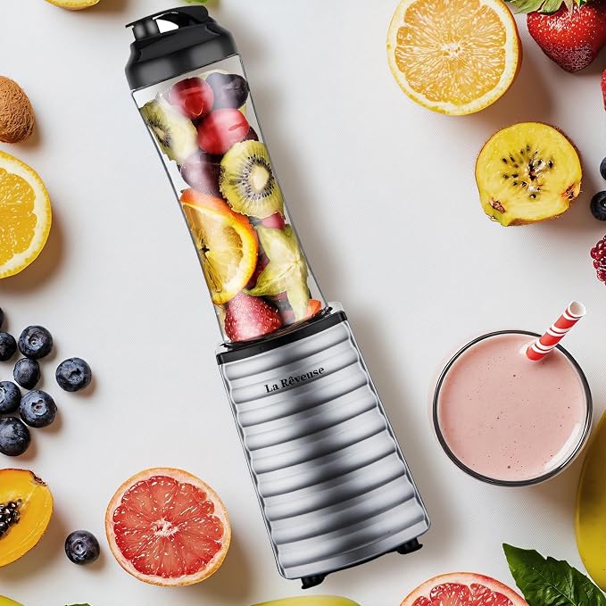 La Reveuse Personal Size Blender for Protein Shakes and Smoothies, Silver | 18oz BPA-free Portable Bottle with Spout Lid, Push to Blend, Suitable for Home, Apartment, Office, Dorm, 300 Watts, LARB1801S