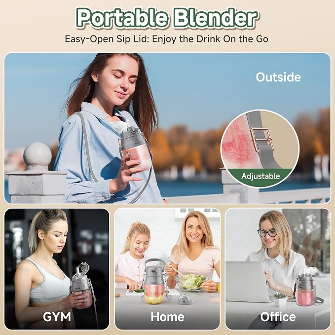 Portable Blender, 27oz Personal Blender for Smoothies & Protein Shakes with 70W Motor & Smart Lock, USB-C Rechargeable, BPA-Free for Travel/Office/Home/Gym Drink Mixer with Strap, Prasky (Light Gray) | Personal Size Blender for Smoothies, USB-C Recharg...