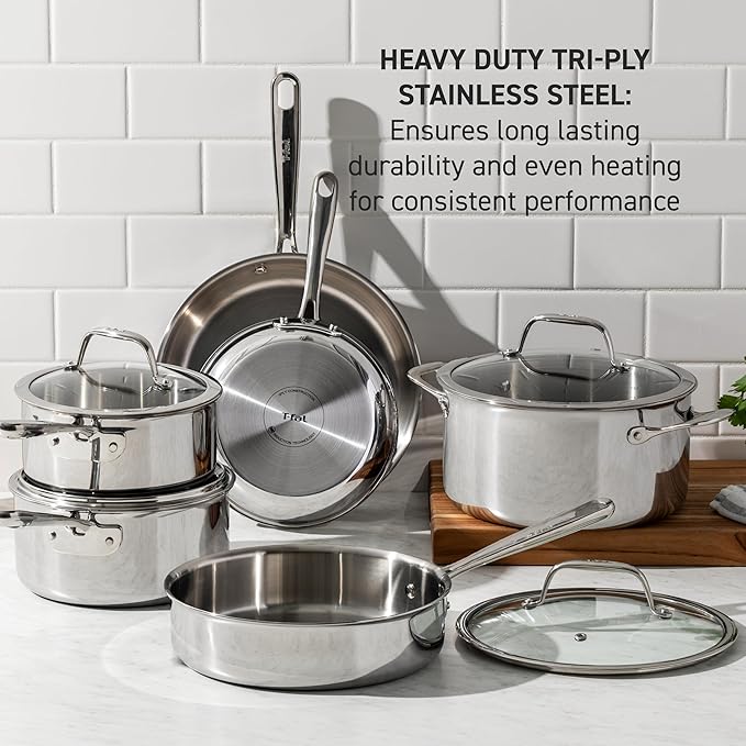 T-Fal Pro Tri-Ply Stainless Steel 6 qt Dutch Oven Pot with Lid, Induction | NSF professional grade, Glass lid traps moisture, Oven safe to 500 F, Braising and stewing use, Built-in measuring marks