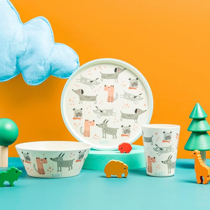 Zak Designs Kids Dinnerware Set 3 Pieces, Durable and Sustainable Melamine Bamboo Plate, Bowl, and Tumbler are Perfect For Dinner Time With Family (Dog)
