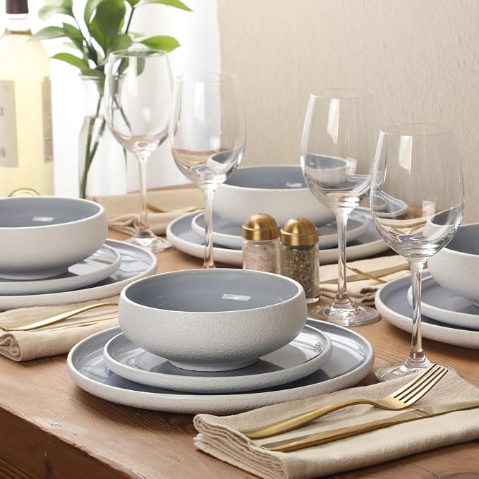 Gibson Elite Pacifco Beach Plates and Bowls Sets, 12-Piece Stoneware Dinnerware Sets, Reactive Glaze Dish Set - Blue