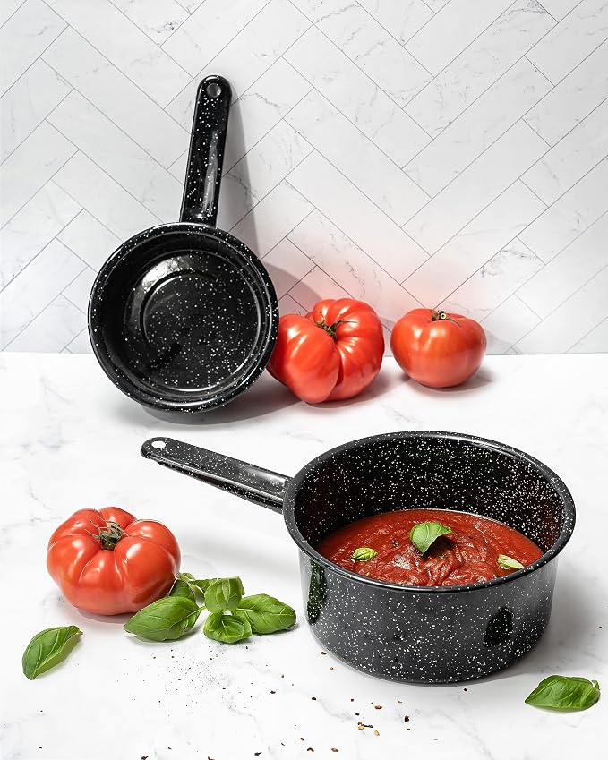 Granite Ware Saucepan Set, 1 Qt & 2 Qt - Speckled Black, Set of 2 | Porcelain Surface & Scratch-Resistant Non-Stick Pots for Sauces, Soups & Everyday Cooking, Even Heat Distribution