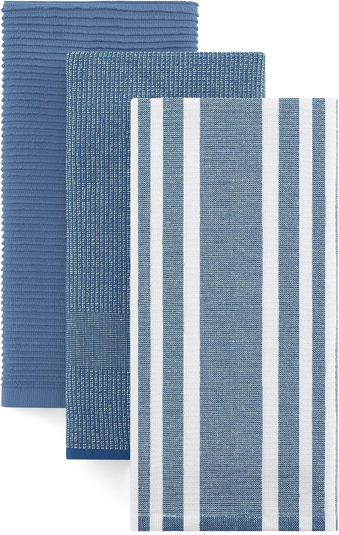 Homaxy Cotton 380 GSM Premium Kitchen Towels, 18"x 28", 3 Pack, Navy Blue | Soft and Absorbent Terry Dish Towels, Multipurpose Tea Towel Set with Hanging Loop, 3 Styles Kitchen Hand Towels