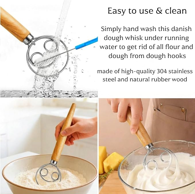LorisArm Danish Dough Whisk, 13-inch wood handle Stainless Steel Dough Hook Dutch Whisk for Bread Sourdough Mixer Hand Wooden Handle Kitchen Whisking Mixing Tool
