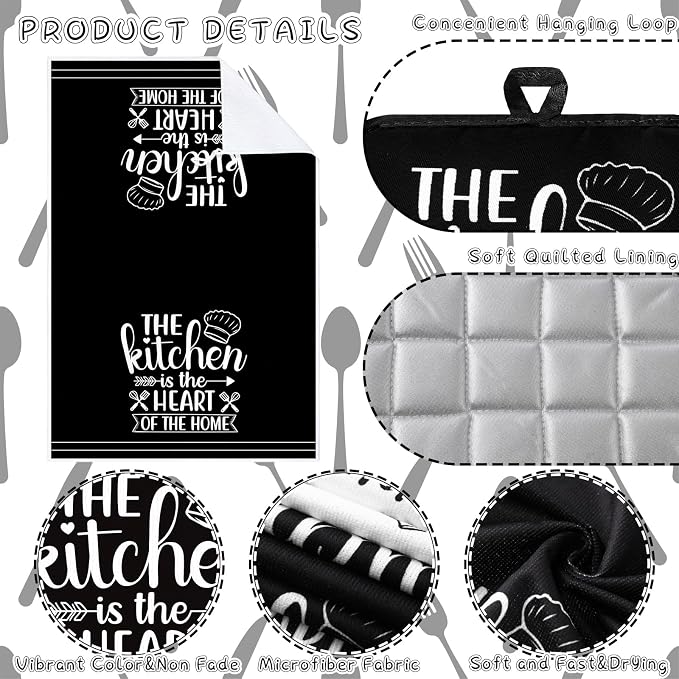 Sratte 6 Pcs Kitchen Decor Accessories Set, Kitchen, White | Farmhouse Kitchen Towels Pot Holders Oven Mitts Set 2 Dish Towels 2 Potholders 2 Cooking Mittens for Baking Cooking Supply