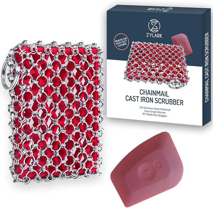 316L Cast Iron Scrubber Kit + Pan Scraper, Silicone Sponge, Dishwasher Safe | Cast Iron Chainmail Scrubber - Skillet Cleaner Scrubber - Cast Pan Scrubber Cleaner - Chainmail Chain Scrubber