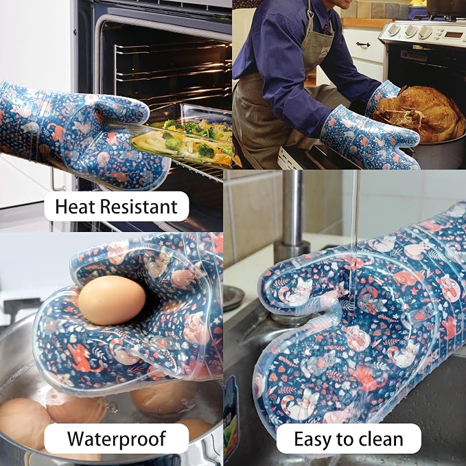 Oven Mitts with Transparent Clear Silicone Shell and Nice Cat Printing | Kitchen Mittenes Cotton Lining Set of 2, Heat Resistant to 500 F Oven Gloves Pot Holder for Cooking (Navy, Cat, mitts)