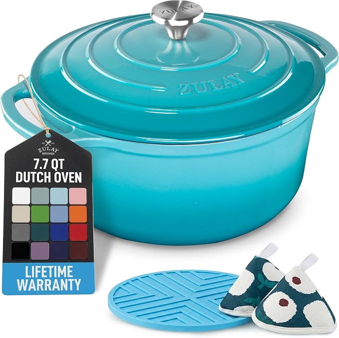 Zulay Kitchen 7.7 Quart Enameled Cast Iron Dutch Oven Pot with Lid – Premium Durability & Oven Safe up to 500°F – Heavy Duty Cookware Perfect for Bread Baking, Stews, Braising & Roasting – Light Blue