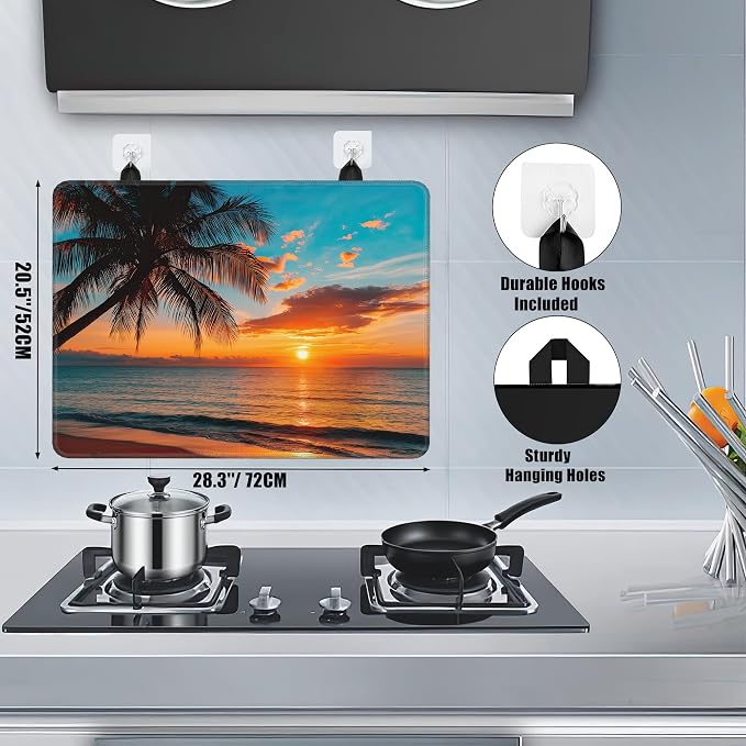 Stove Top Covers for Electric Stove,Summer Beach Sunset Flat Top Stove Cover,Coconut Tree Heat Resistant Glass Top Stove Cover Protector Anti-Slip Range Covers, 28 x 20 Inch