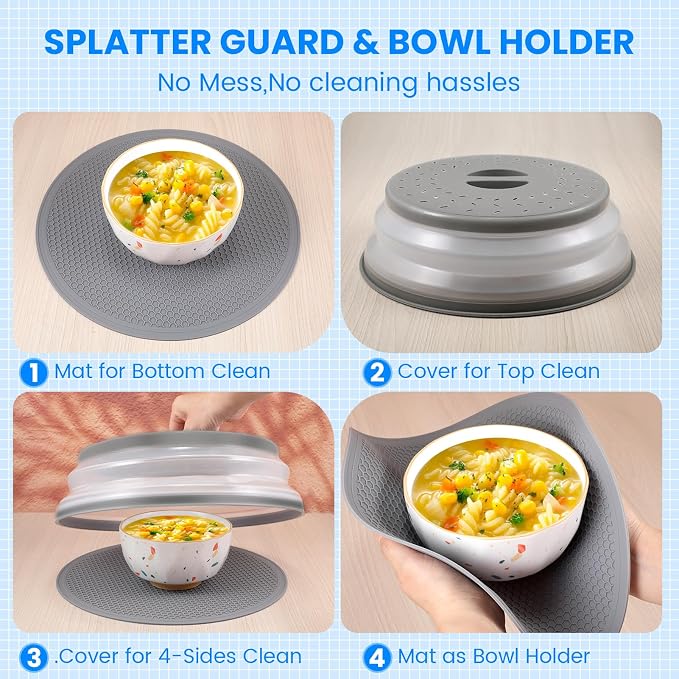 Microwave Cover for Food and Silicone Mat Collapsible Microwave Splatter Cover, Microwave Plate & Dish Cover with Easy Grip Handle, BPA-Free, 10.5” Cover&12.2” Mat, Dishwasher Safe (Grey)