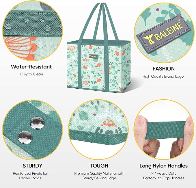 BALEINE 3PK Reusable Grocery Bags, Heavy Duty Shopping Tote Bag | 12'' Long Handles, Reinforced Bottom Keeps Upright, Fold Flat Storage, Water-Resistant Shopping Bag, Multiple Color Options