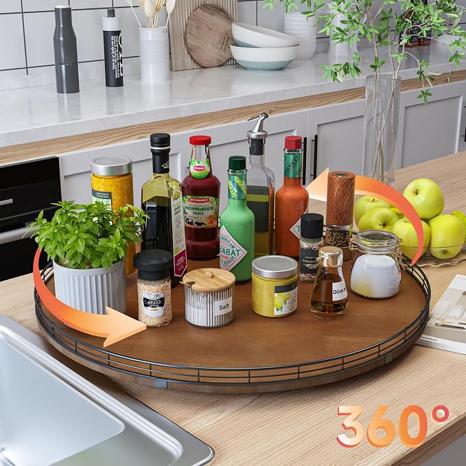 AMH 24-Inch Extra Large Farmhouse Oak Lazy Susan Organizer, Walnut Finish | Smooth rotating oak tray with walnut finish for dining tables, kitchen counters, pantries and cabinet storage.