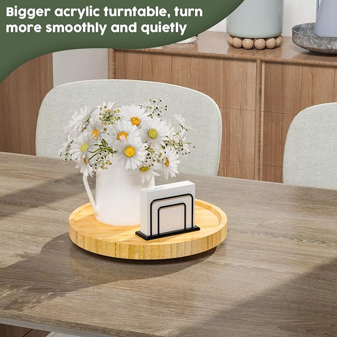 Lazy Susan Organizer, 9 Inch Non-Skid Bamboo Lazy Susan | Table Storage Napkin Holder Vase, Wood Turntable for Kitchen Countertop Organizer
