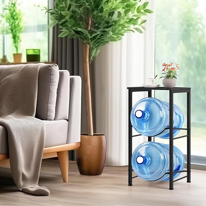 Water Jug Holder 5 Gallon Water Bottle Holder With Top Shelve 2 Tier Water Cooler Storage Rack Heavy Duty Water Dispenser Stand for Kitchen Living Room Office Black