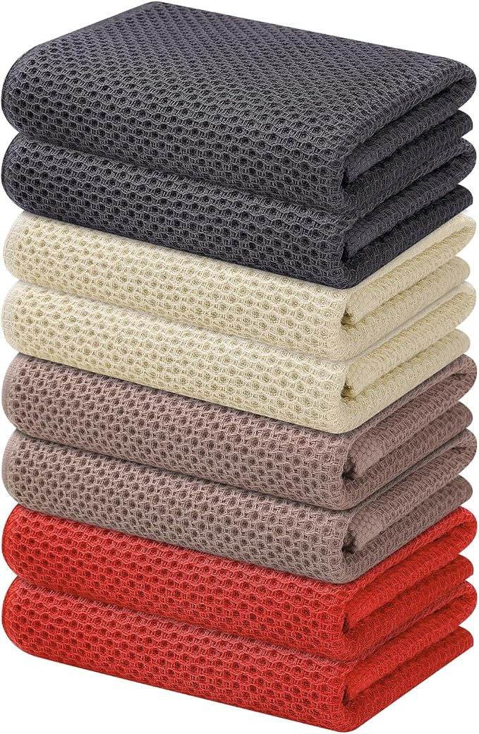 Kitinjoy 100% Cotton Waffle 8-Pack Kitchen Towels, 13" x 28", Multicolor | Super Soft, Ultra-Absorbent, Fast Drying, lightweight, Quick Drying Kitchen Hand Towels