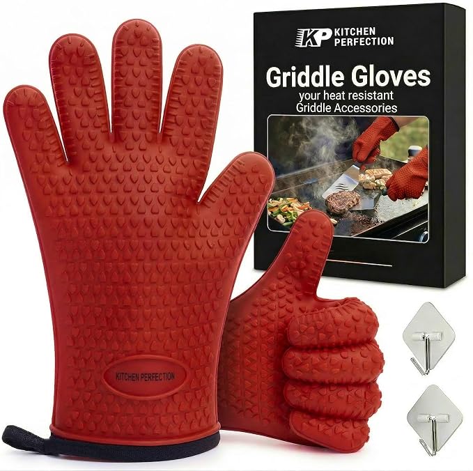 KITCHEN PERFECTION Silicone Griddle Grill Gloves Heat Resistant Oven Mitts | Waterproof, 5-Finger Design For A Better Grip, Best Griddle Grilling Accessories, Compatible with Blackstone, Weber & More