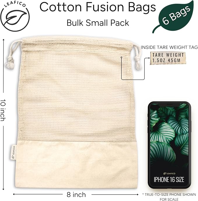 Reusable Produce Bags – 100% Cotton Mesh & Solid Hybrid (Small 8x10 inch 6 Pcs) – Cloth Grocery Bags for Garlic, Nuts, Onions, Bulk Snacks – Washable, Plastic-Free, Breathable, Zero Waste