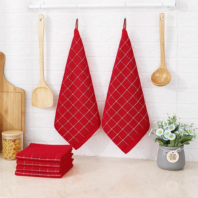 Homaxy 100% Cotton Terry Kitchen Dish Cloths, 8 Pack, Red | Ultra Soft and Absorbent, Suitable for Drying and Washing Dishes