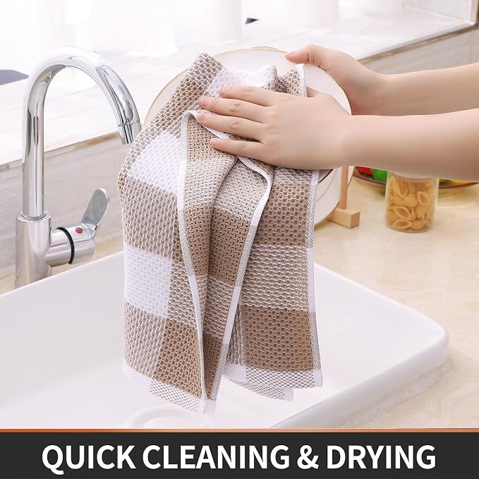 Homaxy Kitchen Towels and Dishcloths Set, Set of 8, White & Khaki | Bulk Cotton Waffle Weave Check Plaid Kitchen Towels, Super Soft and Absorbent Dish Cloths, 12 x 12 and 13 x 28 Inches