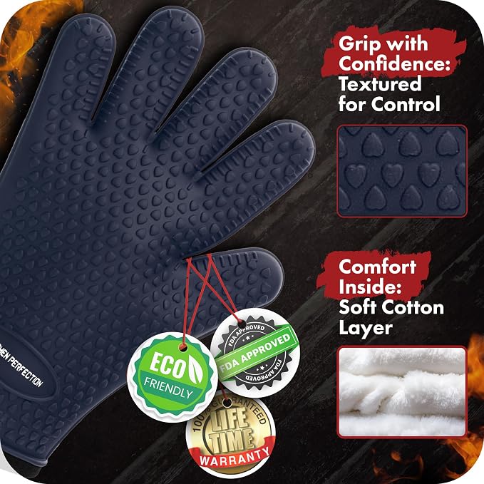 KITCHEN PERFECTION S Silicone Smoker BBQ Gloves - Heat Resistant Oven Mitts | Waterproof, 5-Finger Design For A Better Grip, for Pitmasters, Meat Smoking, Grilling, Cooking, Frying Turkey | Grill Gift