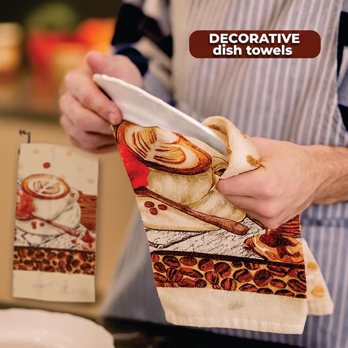 Café Latte 5 Piece Kitchen Towel Set | Kitchen Towel Set with 2 Decorative Dish Towels (25 X15), 1 Oven Mitt (11 X 7) and 2 Potholders (6.5 X 6.5)