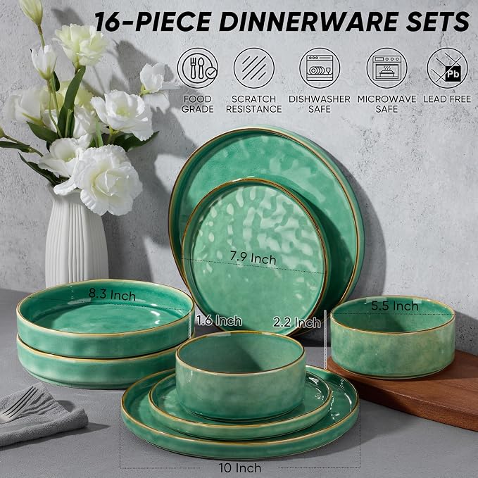 E-far Stoneware Dinnerware Set, 16-Piece Plates and Bowls Sets for 4 | Modern Dishes for Kitchen Dining, Reactive Glazing Ripple Design, Chip Resistant, Microwave & Dishwasher Safe, Reactive Green