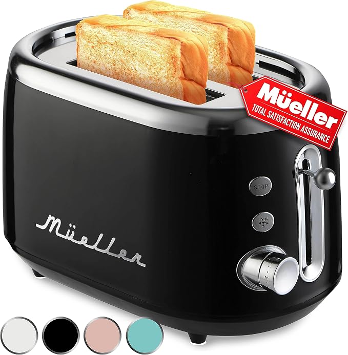 MUELLER HOME Retro Toaster 2 Slice, 7 Browning Levels | 3 Functions (Reheat, Defrost, Cancel), Stainless Steel Features, Removable Crumb Tray, Under Base Cord Storage,